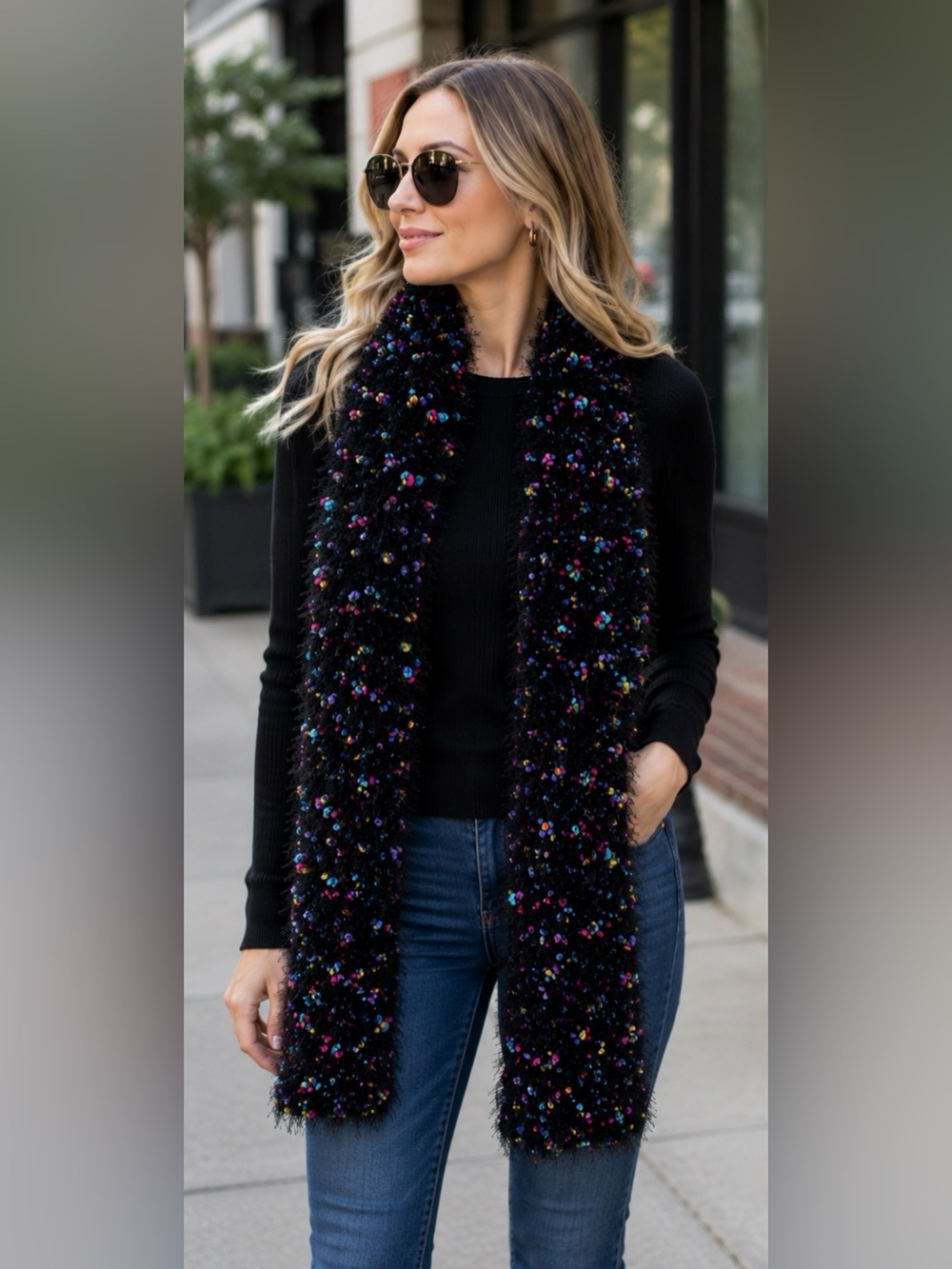 Colorful Fuzzy Knit Scarf Black Confetti Texture Soft Cozy Wrap
